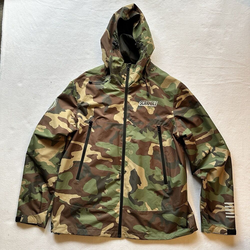Scramble Gear Camo Rain Jacket Waterproof Hooded Men’s Size XL Jiu Jitsu